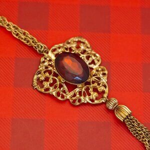 24 inch, Vintage Round Oval Faux Gem Gold Tone Victorian Tassel Necklace - O34